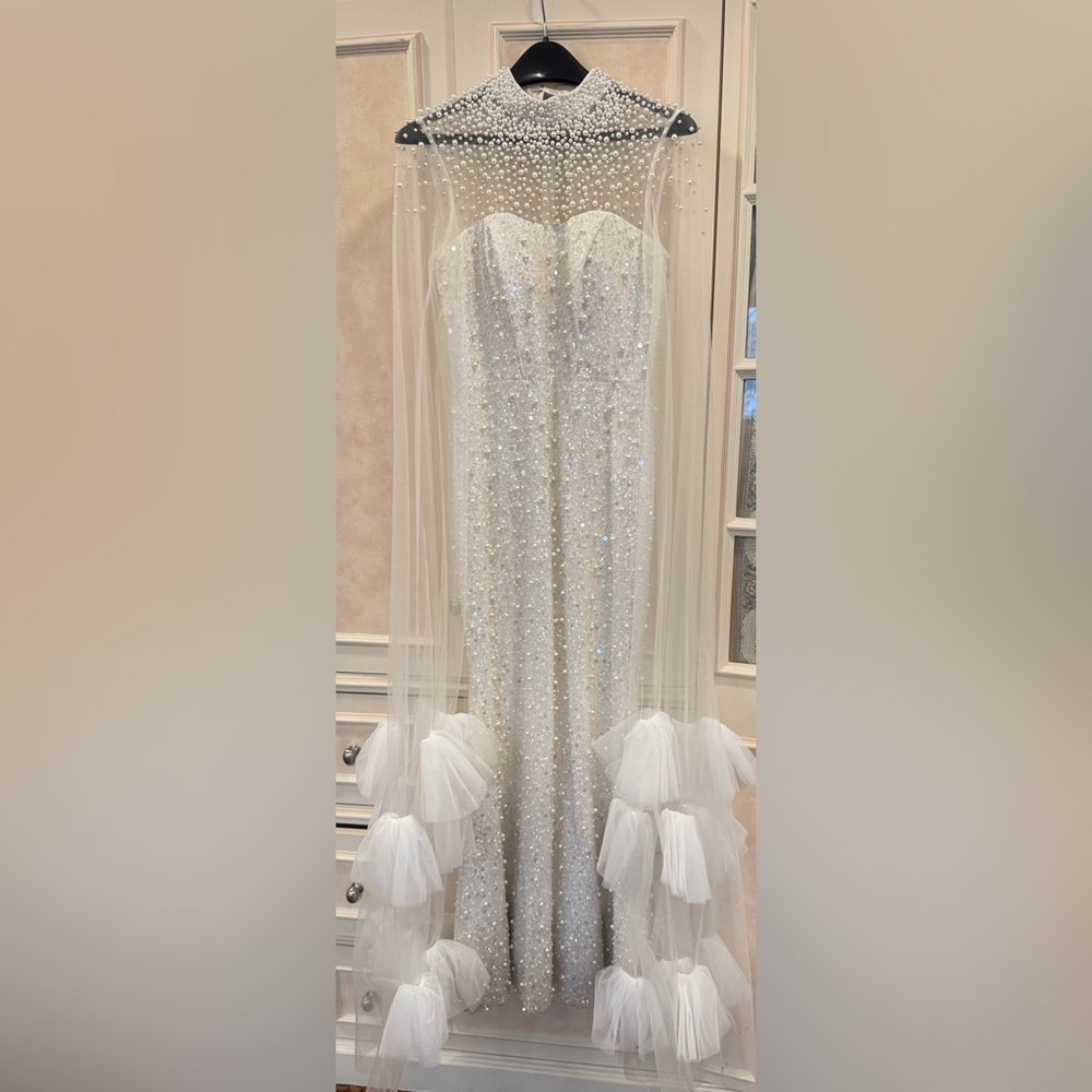 Jovani White Pearl-Embellished Wedding Dress